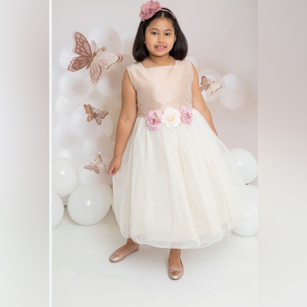 Girl’s Dream Cream Rose Pily Silk Tulle Elegant Dress